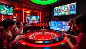 Experience the vibrant world of happyluke's online casino with a lively roulette table and excited players.