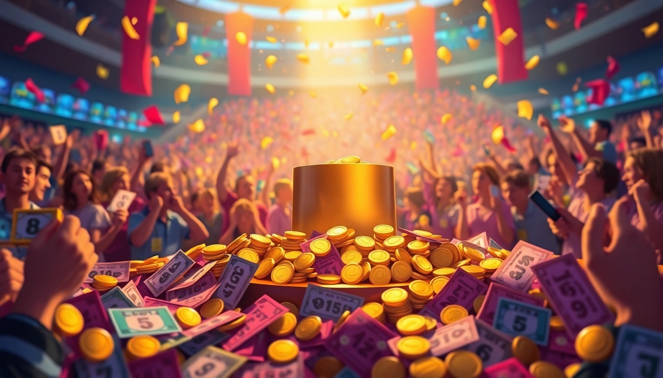 Experience the excitement of lottorich28 with vibrant tickets and golden coins reflecting joy and hope.