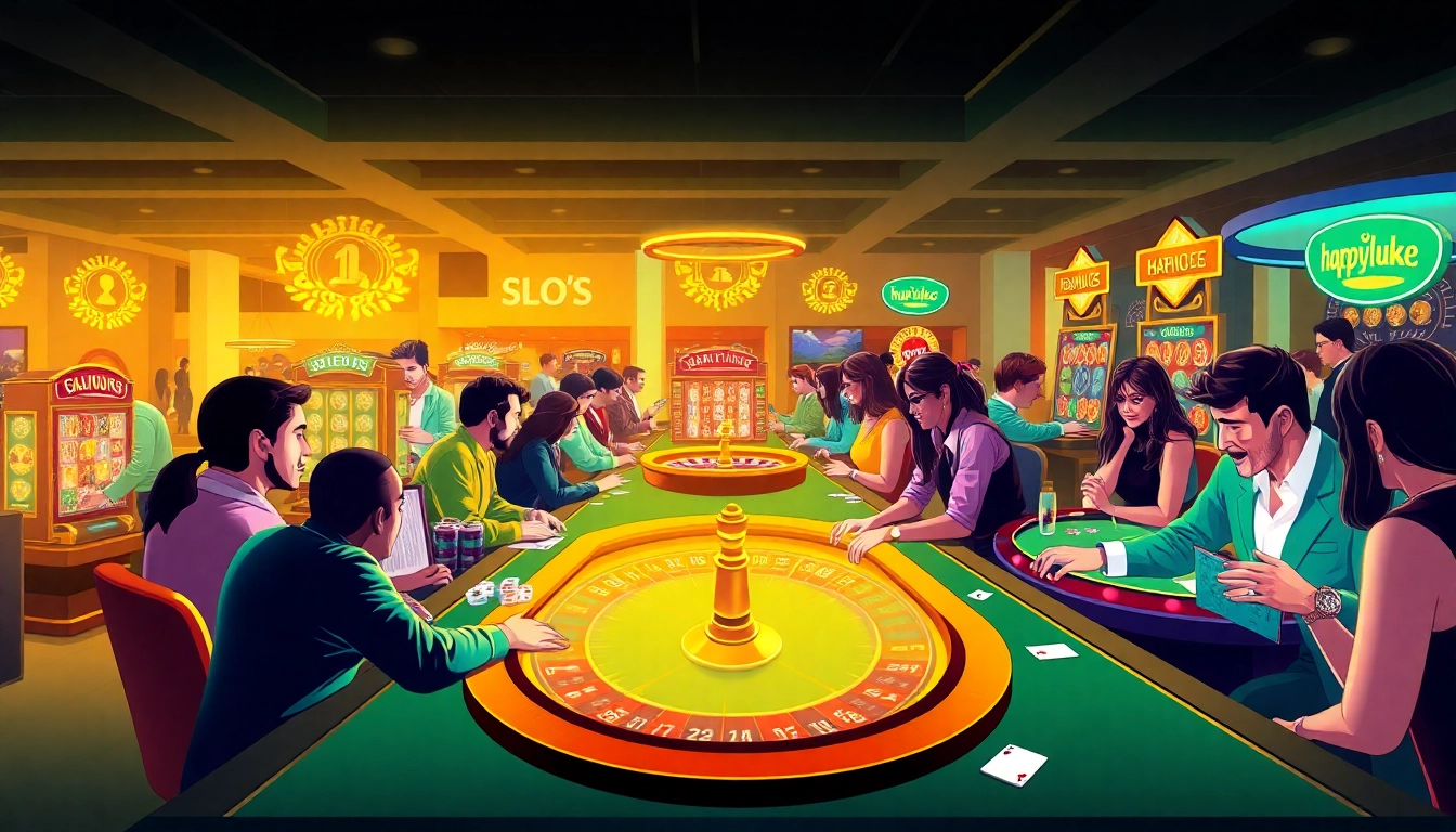 Players enjoying lively games at Happyluke casino with vibrant atmosphere.