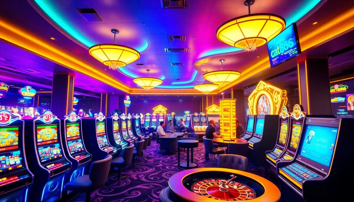 Experience the vibrant atmosphere of cat888 gaming with neon lights and busy players.