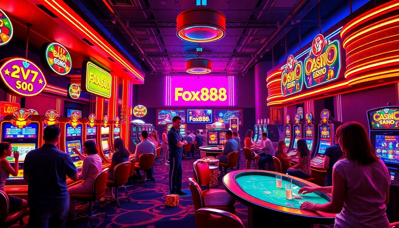 Experience the vibrant world of fox888 at a neon-lit casino, filled with excited players and bright colors.