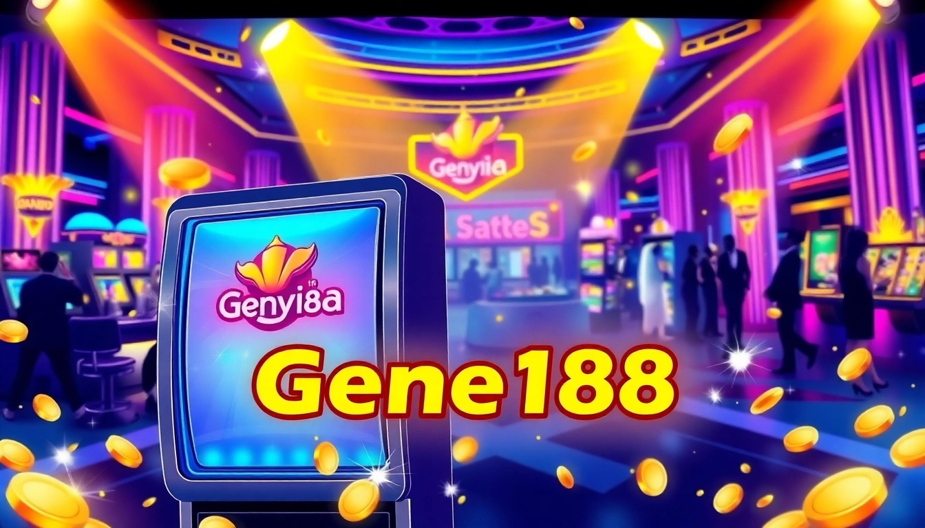 Experience the excitement of Genie168 with a high-tech slot machine surrounded by a glamorous casino environment.