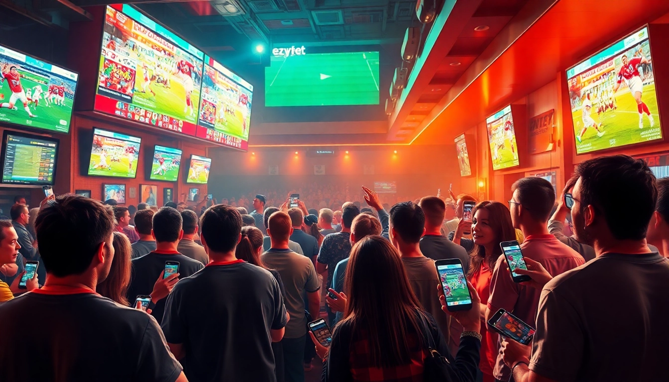Fans participating in an exciting ezybet session, cheering for their teams in a lively sports bar.