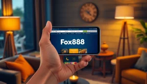 Engaging fox888 website interface displayed on a smartphone in a cozy setting.