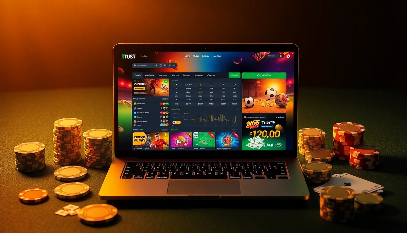 Explore các nhà cái uy tín with a sleek laptop showcasing vibrant betting interfaces surrounded by colorful gaming elements.