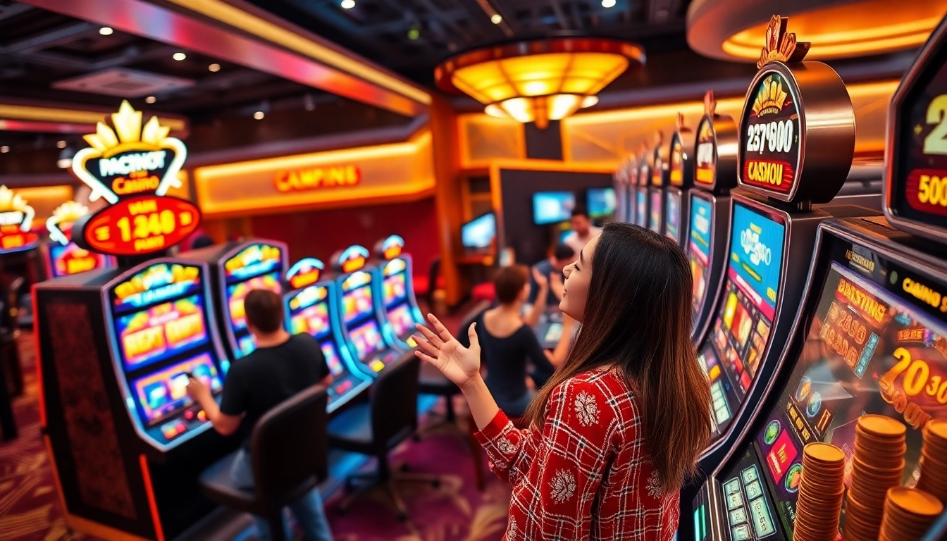 Nổ hũ 23win gaming hub showing players excitedly engaging with colorful slot machines.