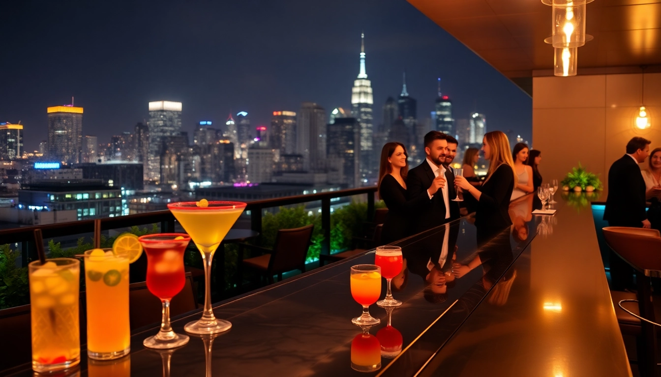 Guests enjoying cocktails at NoHu Rooftop Bar, with stunning city views.