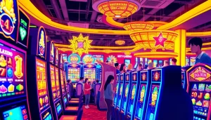 Engaging สล็อตทดลอง experience with colorful slot machines on a lively casino floor.