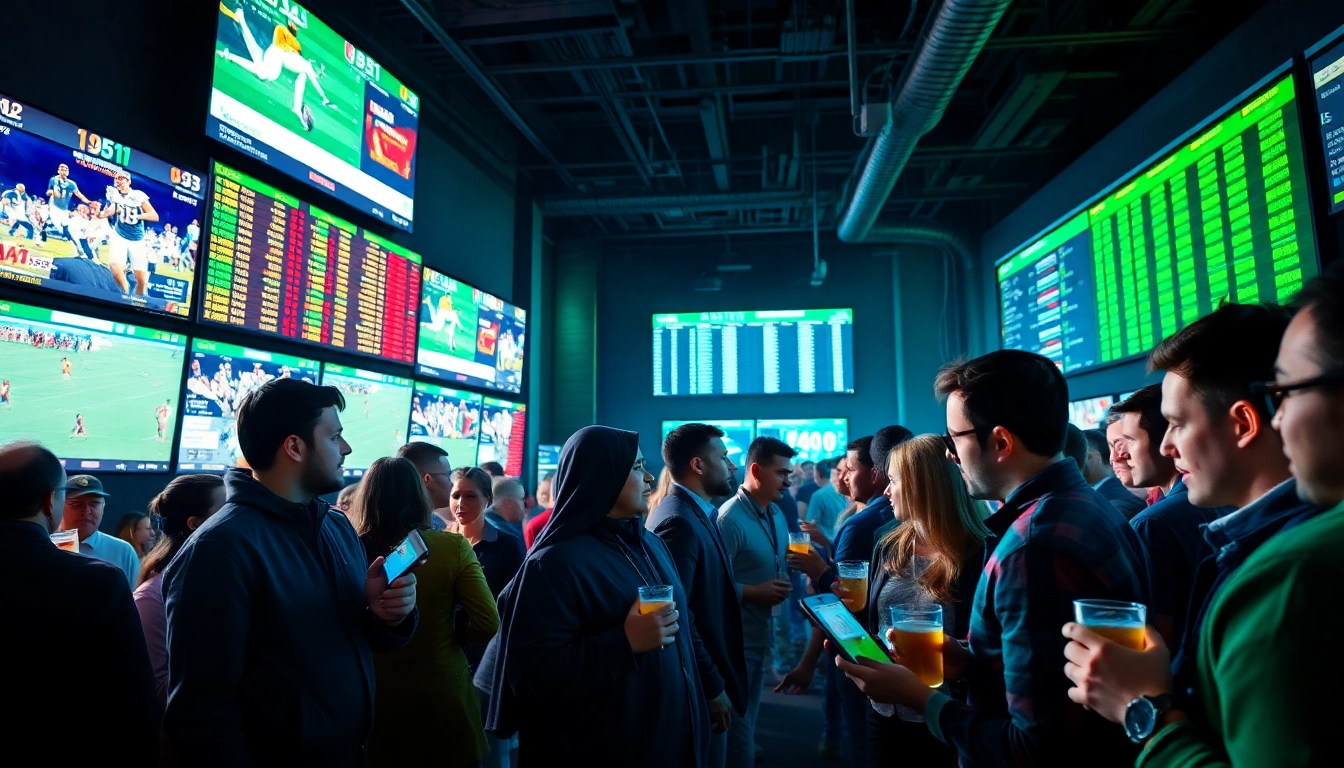 Experience the excitement of sports betting at https://deanmadonia.com/ with a lively crowd analyzing stats.