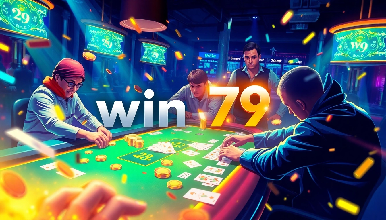 Experience the thrill of win 79 gaming with vibrant colors and dynamic action at a digital card table.