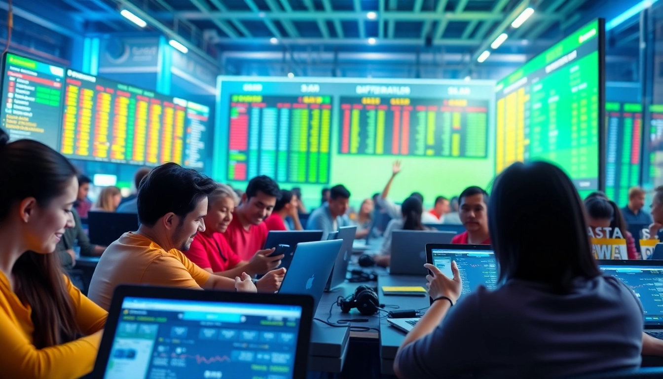 Bettors enjoying the thrill of sports betting at https://23win.solar/ with laptops and mobile devices.