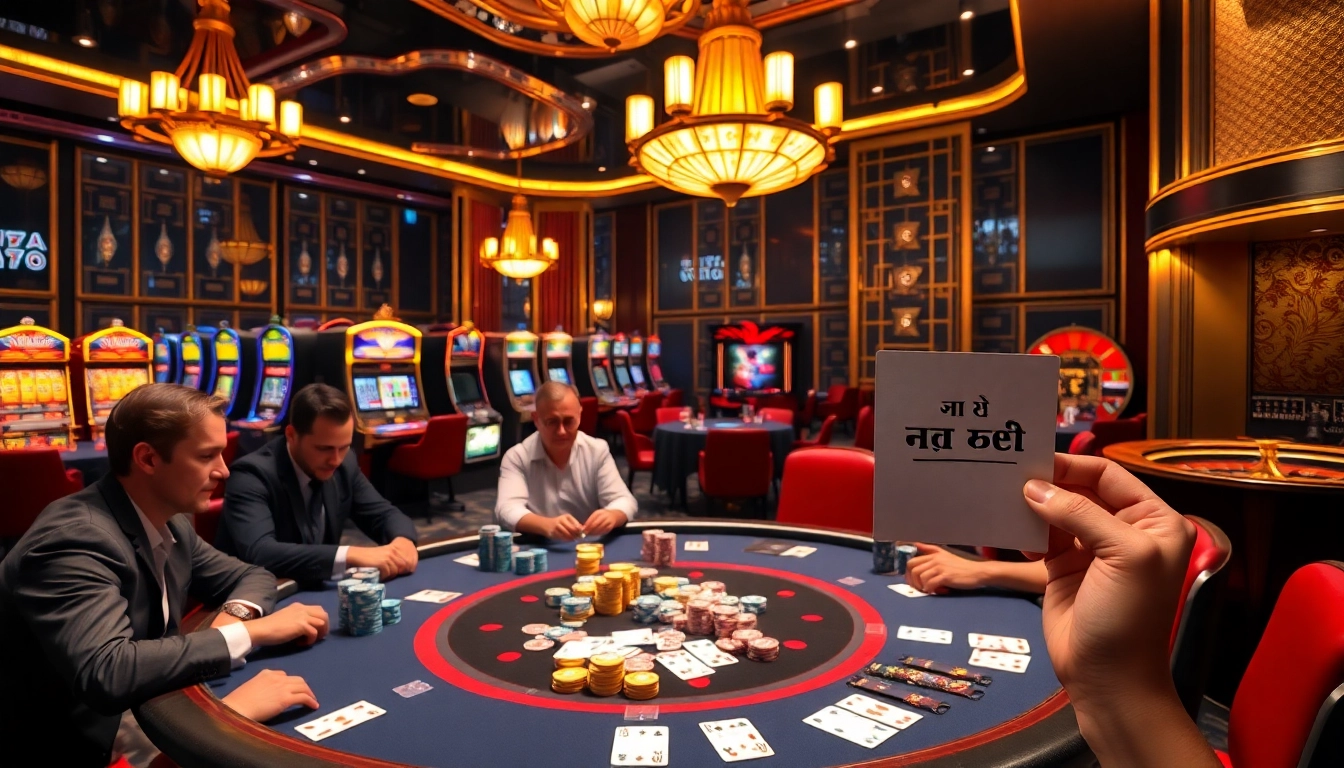 A poker table scene at a casino showcasing a high-stakes game, with players strategizing bets on 토토 사이트 using colorful chips and cards.