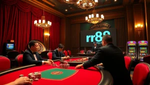 Experience the excitement of rr88 trang chủ with players engaged in a high-stakes poker game amidst luxurious casino decor.
