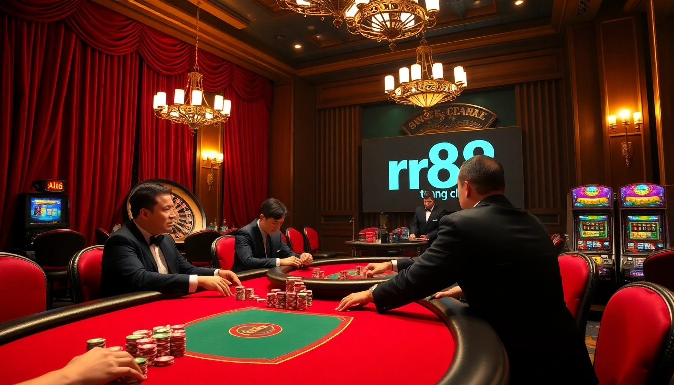 Experience the excitement of rr88 trang chủ with players engaged in a high-stakes poker game amidst luxurious casino decor.