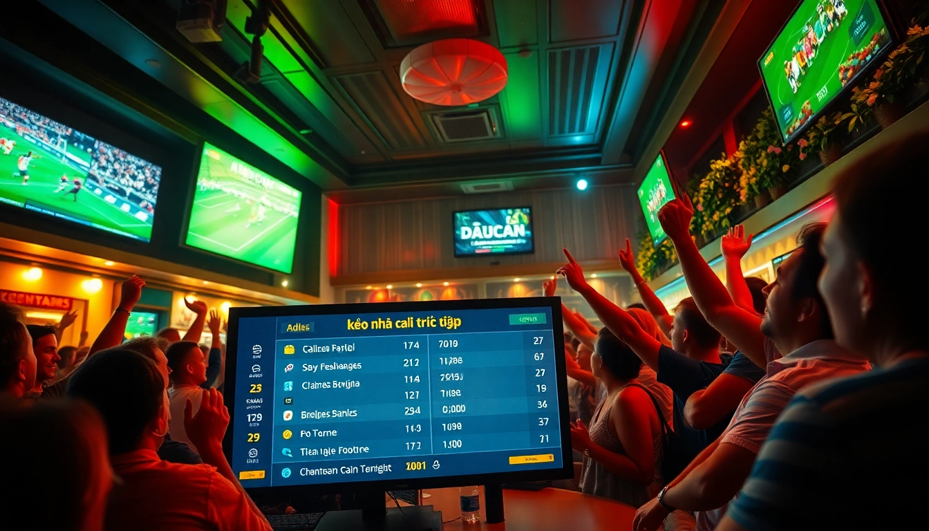 Fans cheering while watching kèo nhà cái trực tiếp at a lively sports bar.