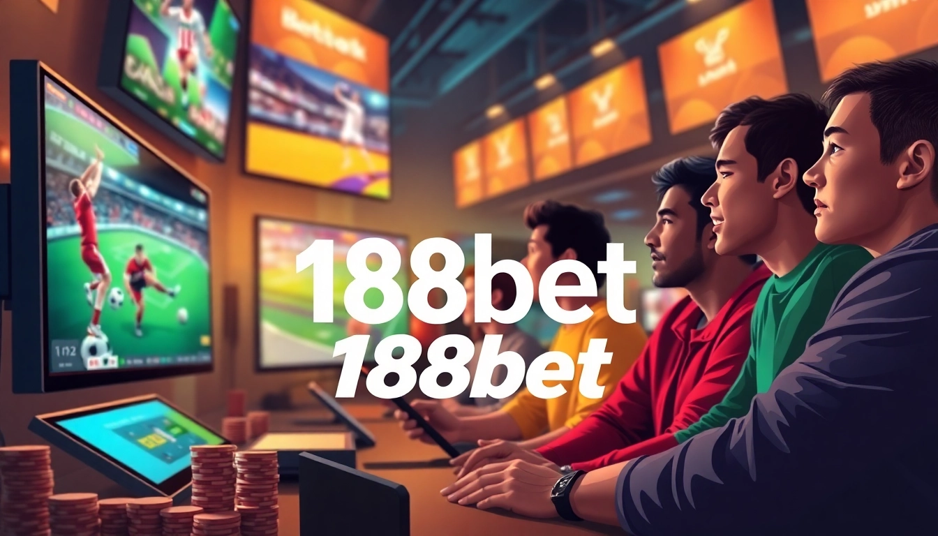 Excited players engaging with sports betting on 188bet's interactive platform, showcasing live games and promotions.