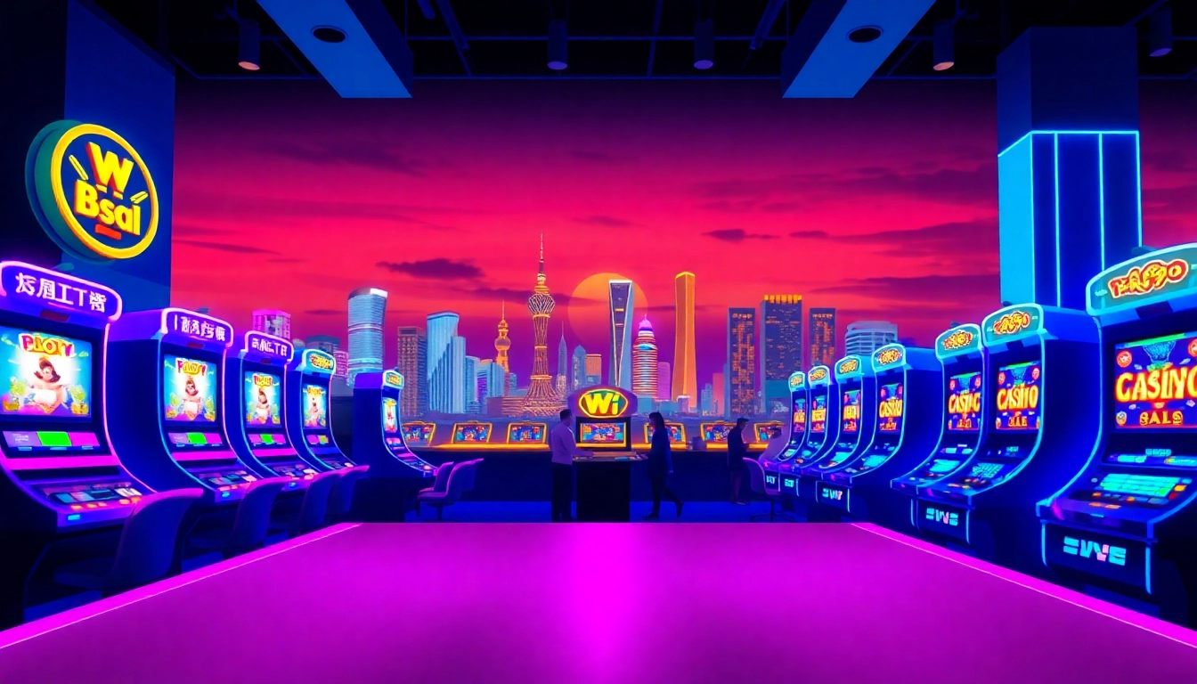 Try out สล็อตทดลอง at a thrilling gaming table with colorful slot machines.