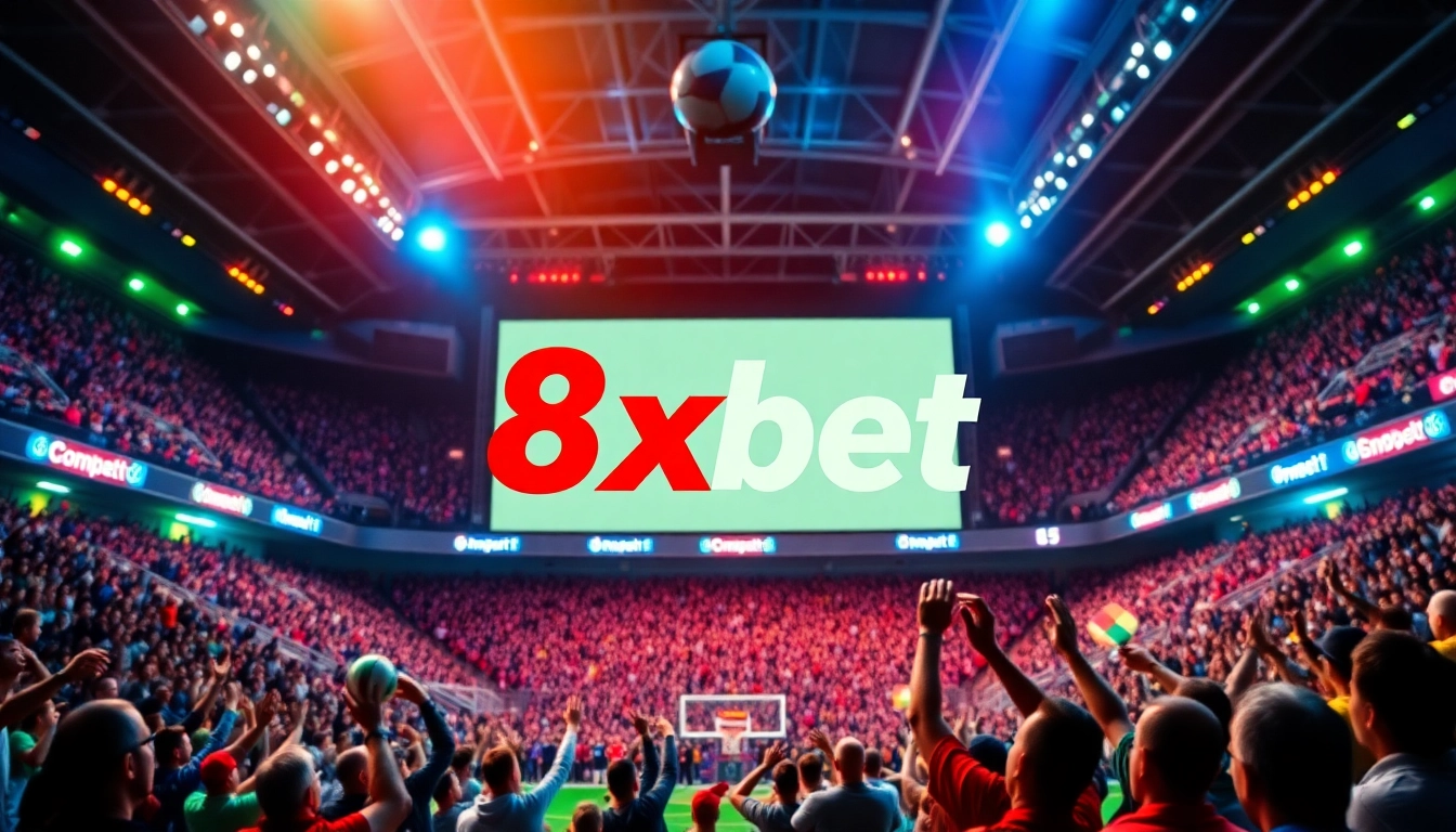 Capture the excitement of sports betting at 8xbet with a vibrant sports arena and cheering fans.
