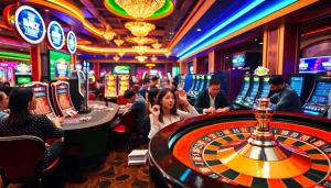 Enjoying a vibrant casino atmosphere, players engage in bong da lu fun with intense poker games and exciting slot machines.