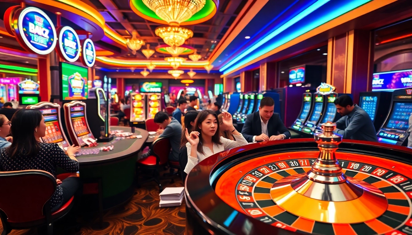 Enjoying a vibrant casino atmosphere, players engage in bong da lu fun with intense poker games and exciting slot machines.