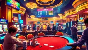 Experience the thrill of gambling at a lively casino with "bong da lu fun" highlighted on digital screens.