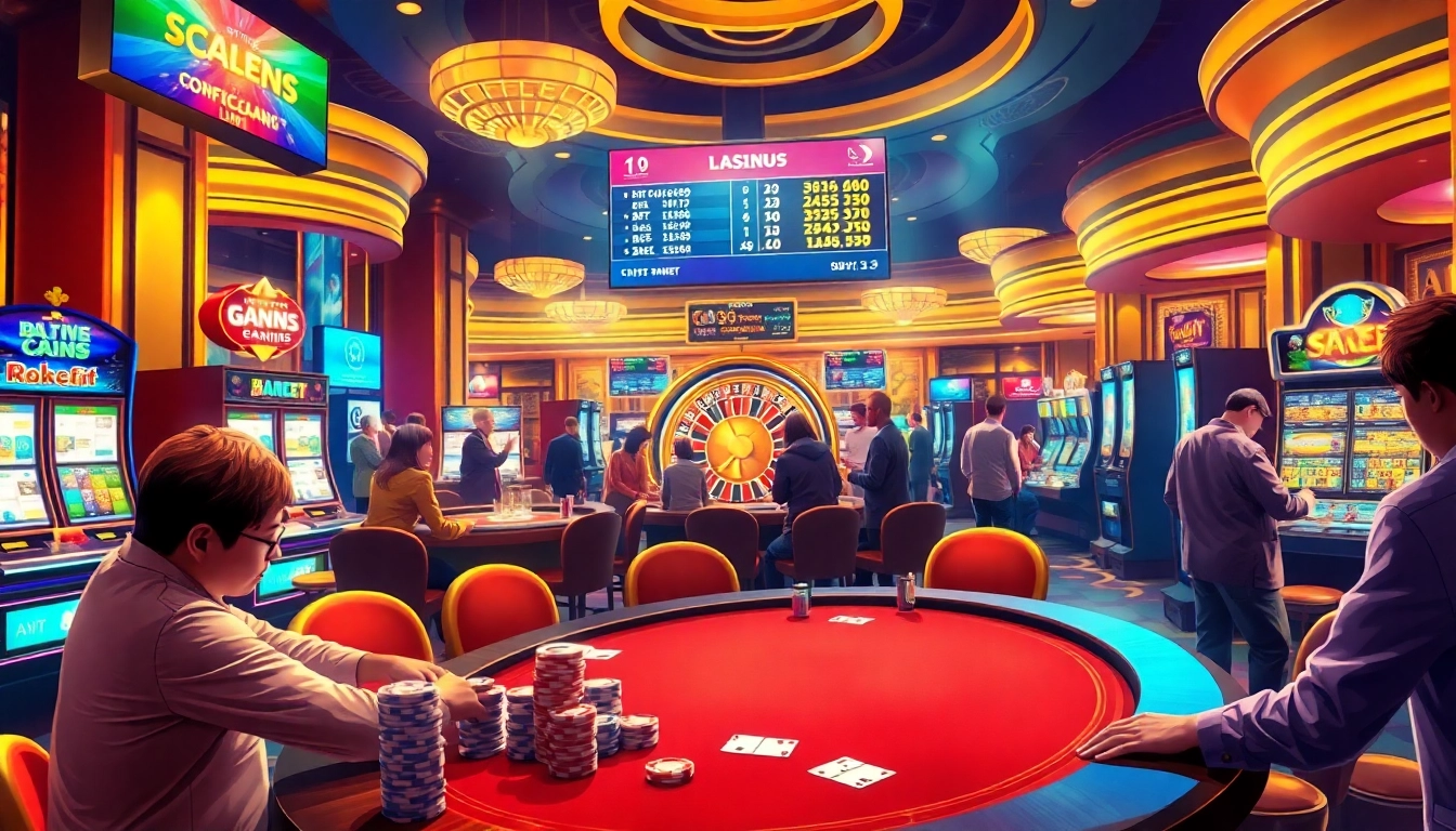 Experience the thrill of gambling at a lively casino with "bong da lu fun" highlighted on digital screens.