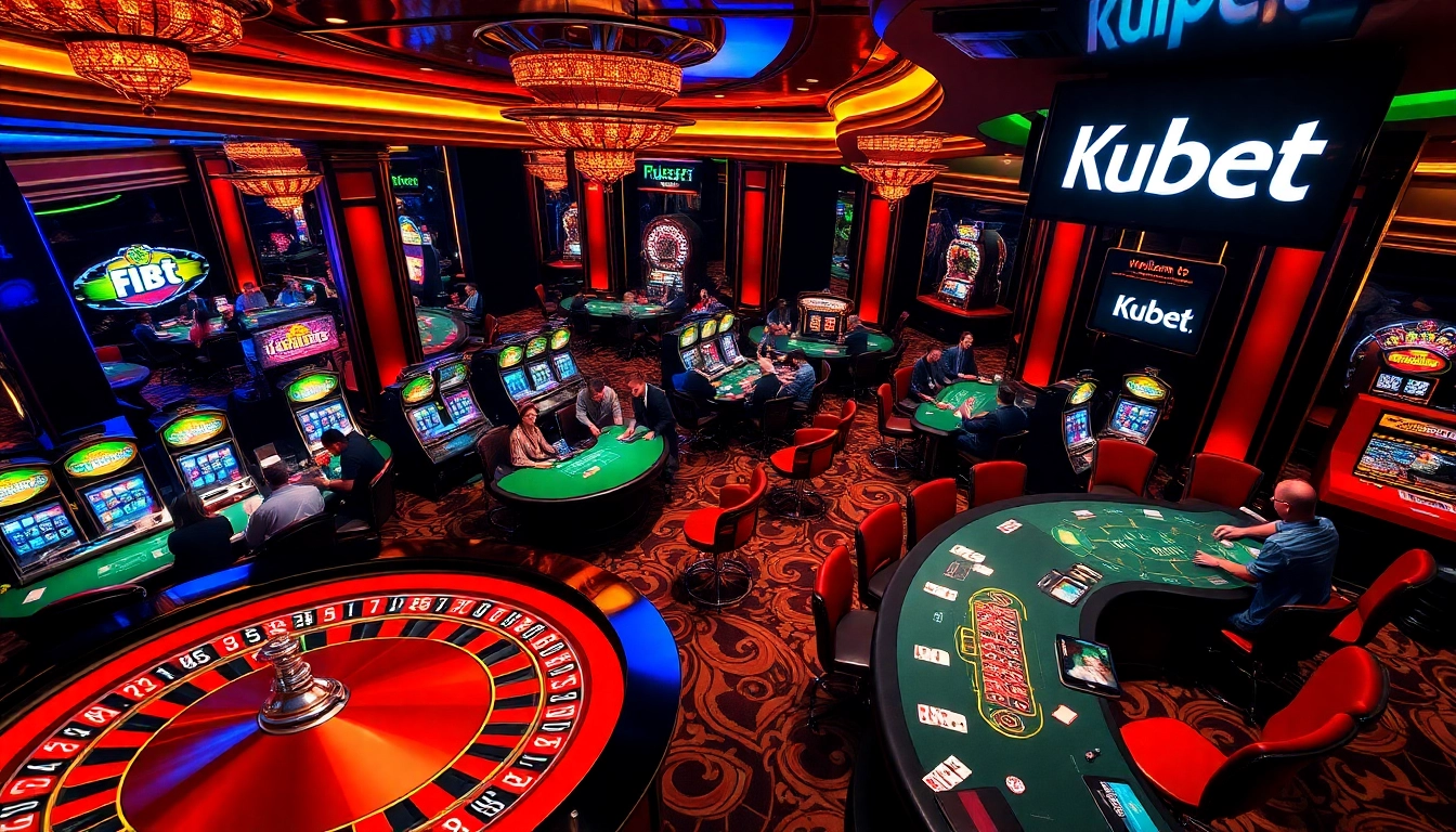 Exciting gambling scene with players at Kubet casino tables and vibrant slot machines.