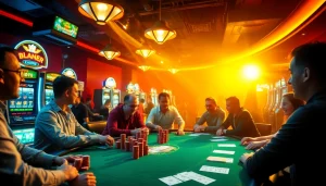 Engaged poker players strategizing at a casino table at https://shbets.net/, with vibrant slot machines and betting slips.