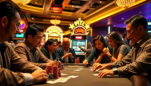 Experience the thrill of game bài đổi thưởng with intense poker players and vibrant casino ambiance.
