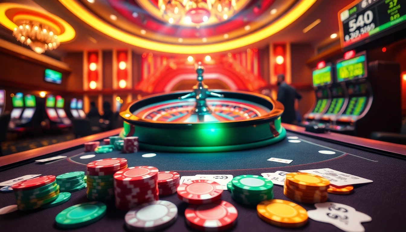 E2BET poker table bustling with excitement, vibrant chips and cards creating a thrilling casino atmosphere.