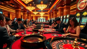 Experience the excitement of nhà cái kubet with players at vibrant casino tables enjoying thrilling games like roulette and poker.
