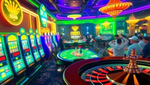 Experience the thrilling atmosphere at https://nhacaiuytin.place/ while players engage around vibrant casino tables, showcasing poker and roulette excitement.