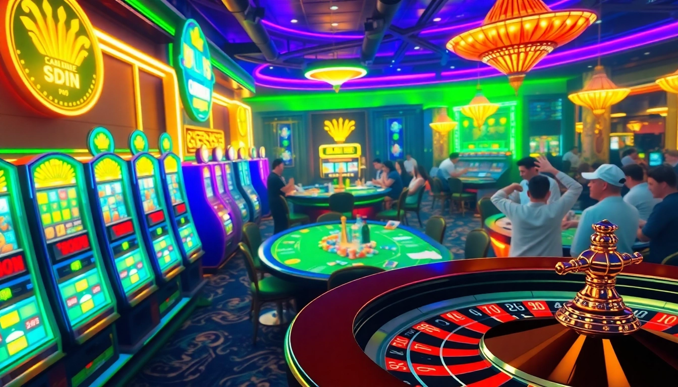 Experience the thrilling atmosphere at https://nhacaiuytin.place/ while players engage around vibrant casino tables, showcasing poker and roulette excitement.