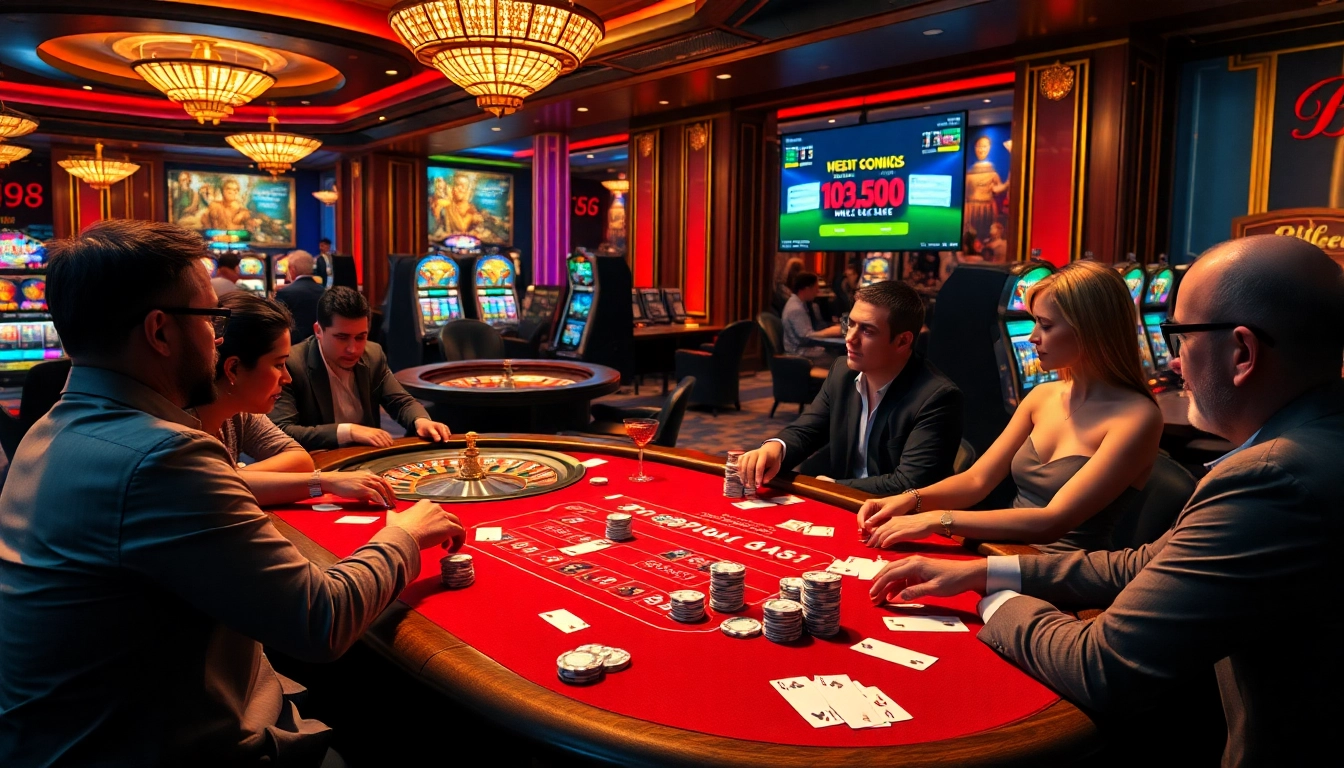 Dynamic casino scene illustrating deneme bonusu veren siteler as players enjoy poker and roulette with vibrant lights.