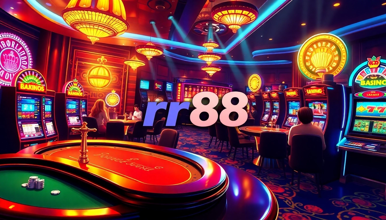 rr88 casino vibrant gaming scene featuring players at poker tables and spinning roulette wheels