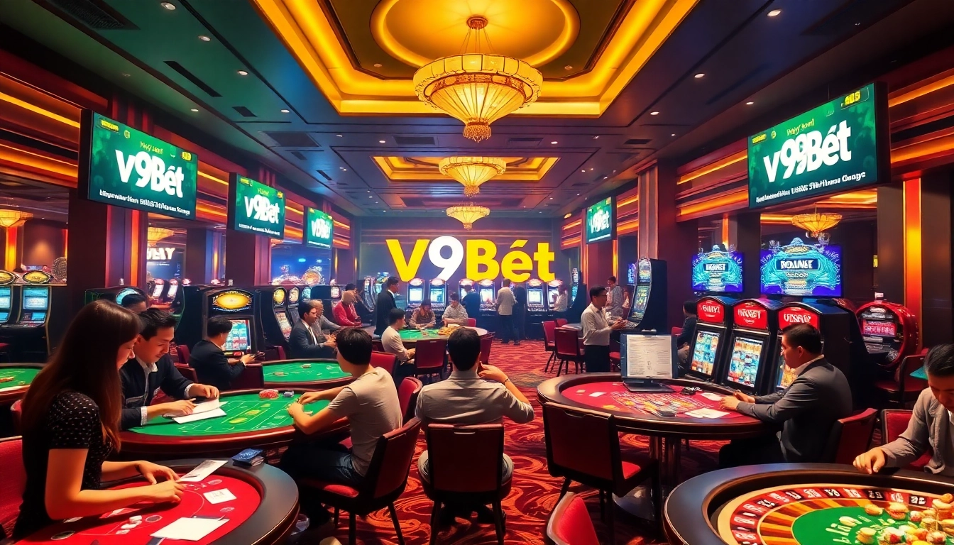 Explore khuyến mãi v9bet offers amidst thrilling casino activities, where players engage in blackjack and roulette.