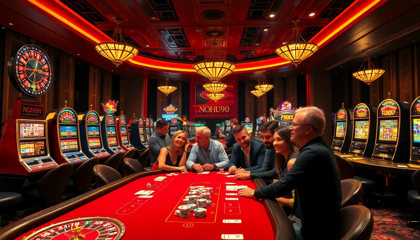 Experience the thrill of winning with NOHU90 at the bustling casino, showcasing poker tables and vibrant slot machines.