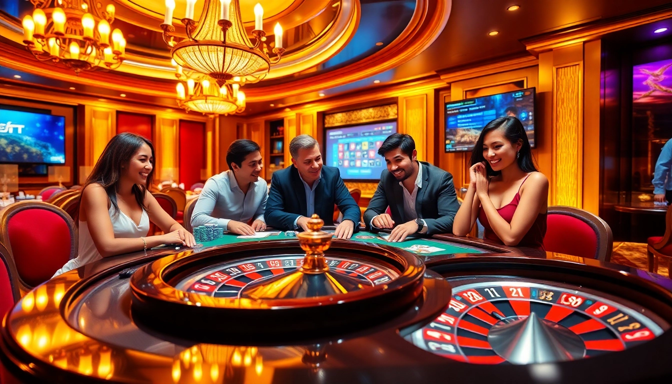 Players enjoying a vibrant casino setting online at https://shbet.cruises/, complete with poker chips and a spinning roulette wheel.