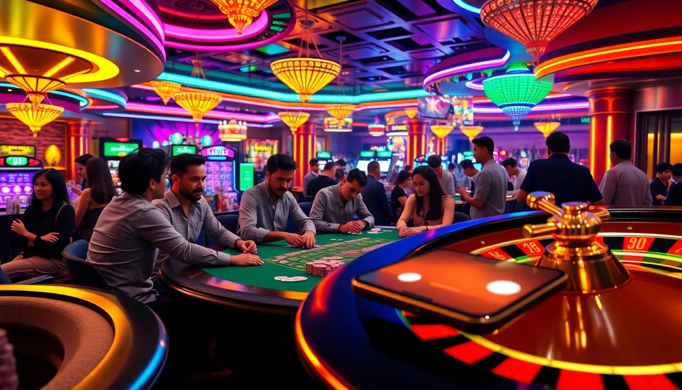 Players engaging at a poker table in a vibrant casino, showcasing https://nohu90g.com's thrilling online betting experience.