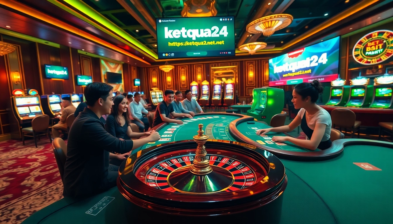 Players enjoying a thrilling roulette game at https://ketqua24.net/ casino, showcasing vibrant chips and a lively atmosphere.