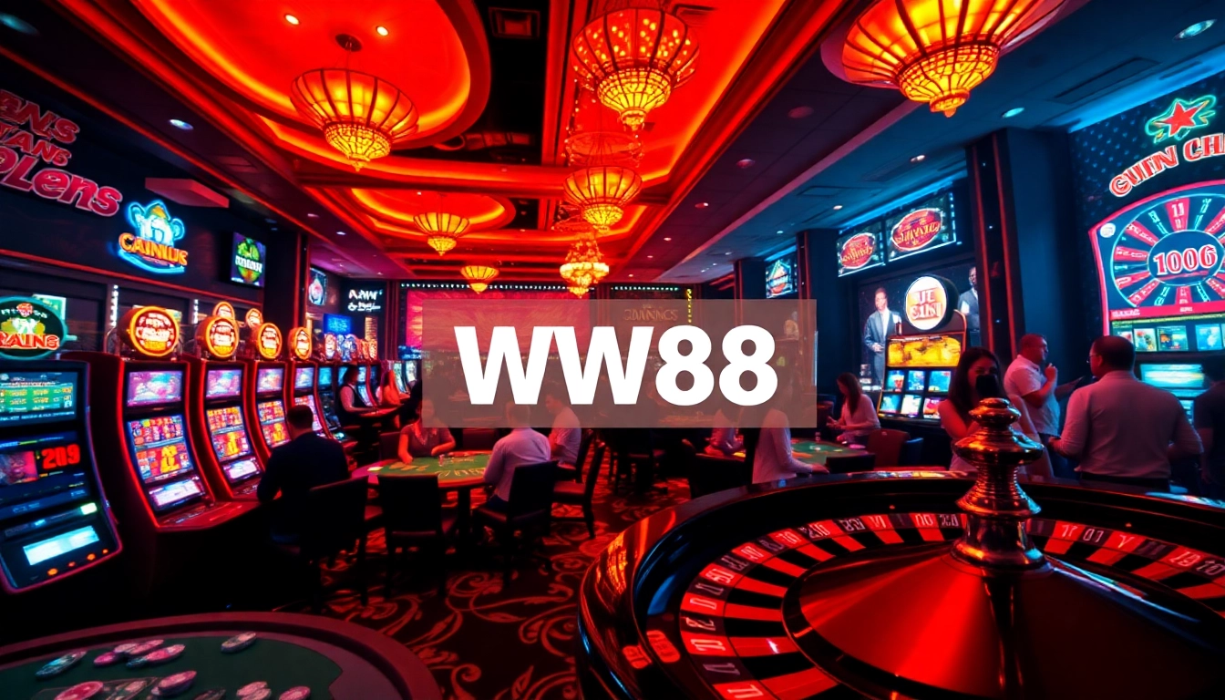 The lively casino scene with the phrase 'trang chủ WW88' prominently featured, showcasing thrilling poker and roulette action.