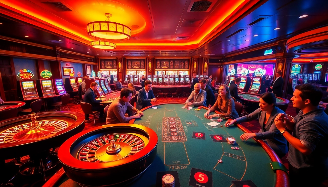 Exciting scene of 789P casino with poker tables, roulette wheels, and enthusiastic players.