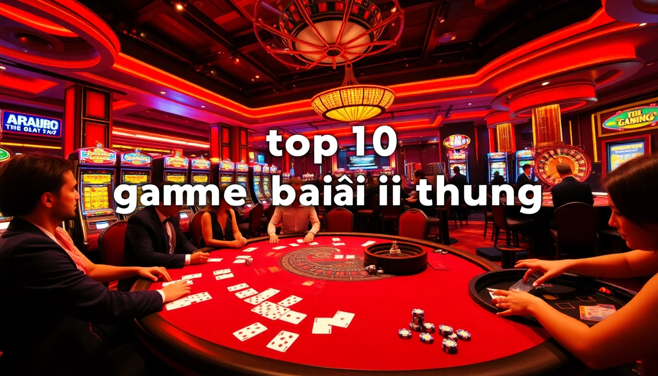 Visualize a casino scene featuring players at a poker table, representing the top 10 game bài đổi thưởng in an exciting atmosphere filled with action.