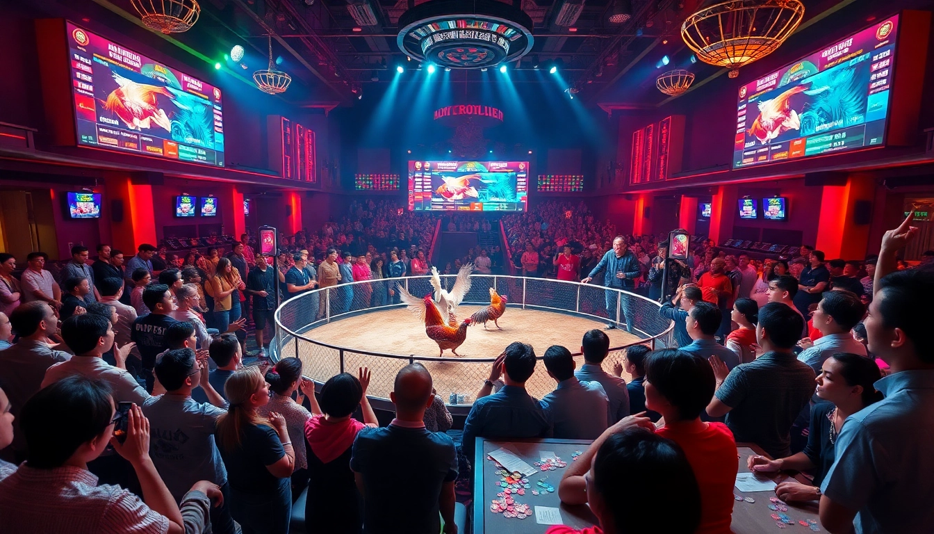 Experience the excitement of ĐÁ Gà Trực Tiếp in a bustling casino environment filled with eager bettors.