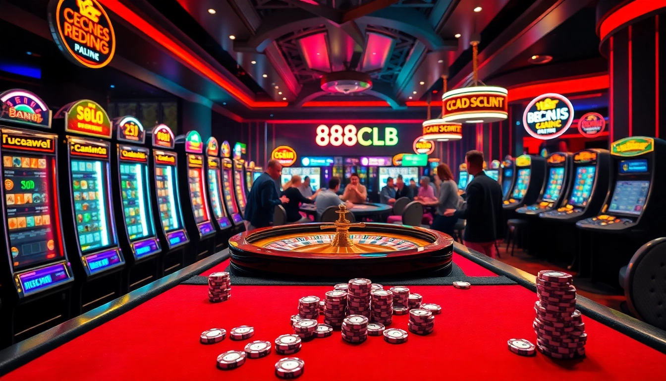 Experience the thrill of 88CLB at vibrant casino tables filled with excited players and colorful slot machines.