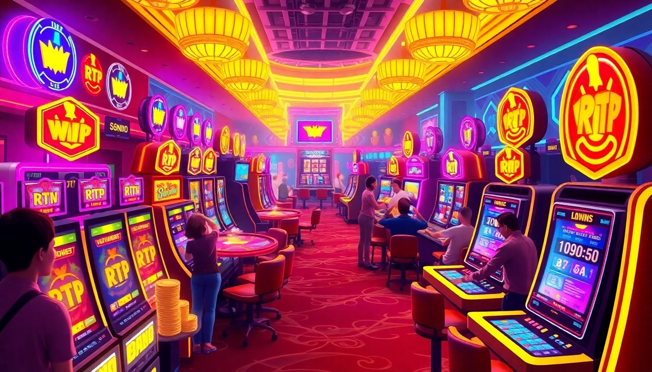 Experience the thrill of batman138 rtp in a vibrant casino setting filled with glowing slot machines and excited players.