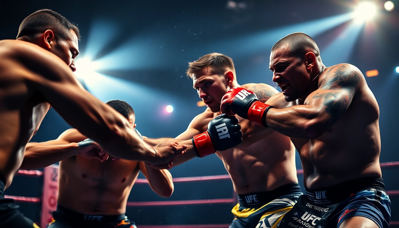 Spectacular MMA fight scene at https://mmabetz.se/ showcasing fighters in an intense bout.